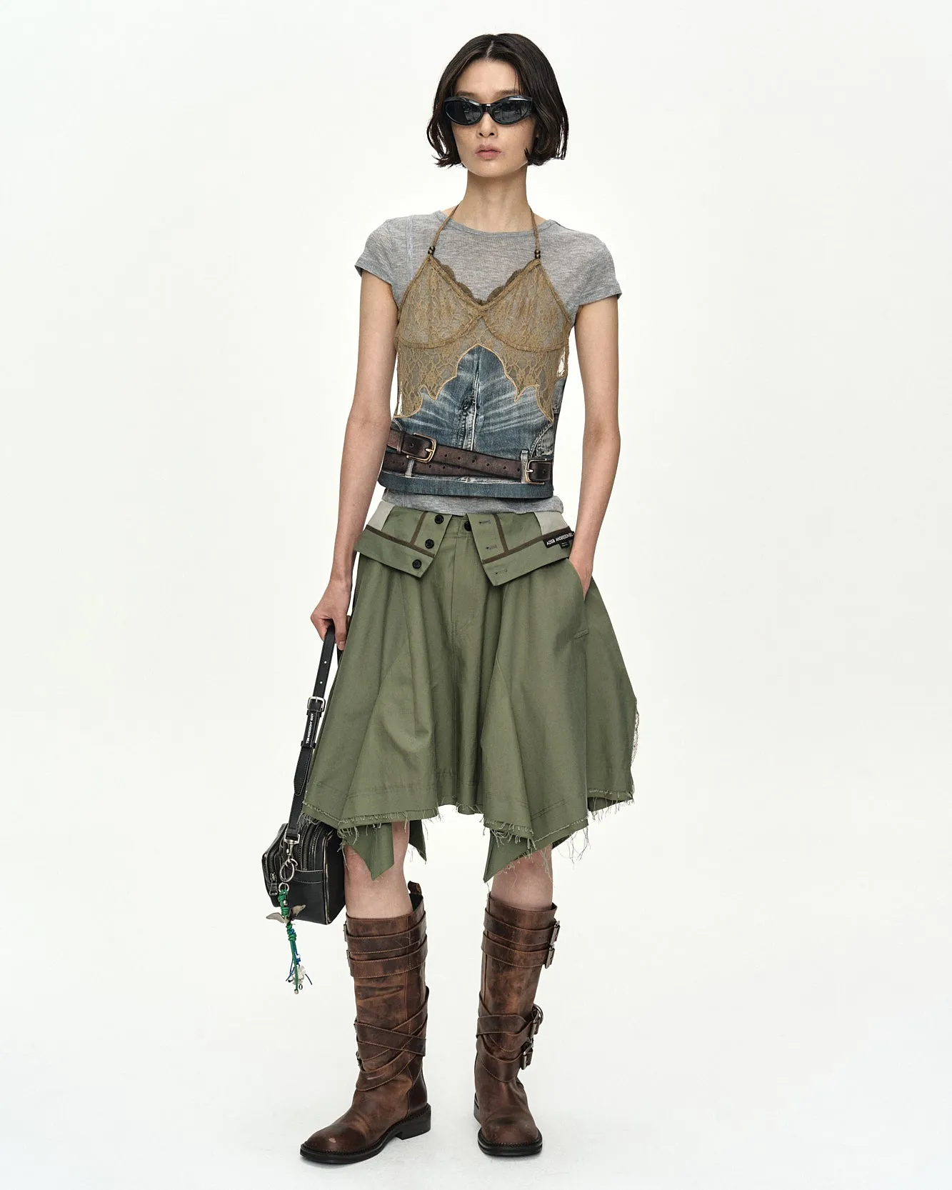 BELTED DENIM PRINTED LACE BUSTIER atb1563w(MID BLUE/KHAKI) sold by Andersson Bell