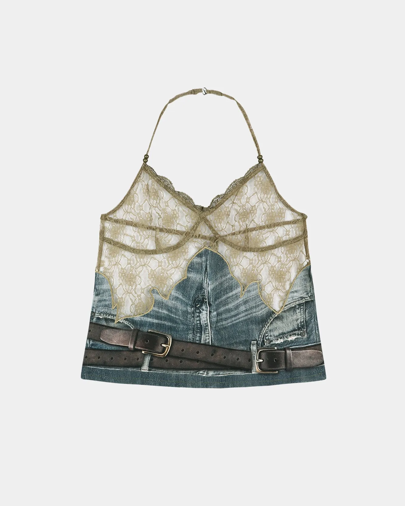 BELTED DENIM PRINTED LACE BUSTIER atb1563w(MID BLUE/KHAKI) sold by Andersson Bell product image thumbnail 2