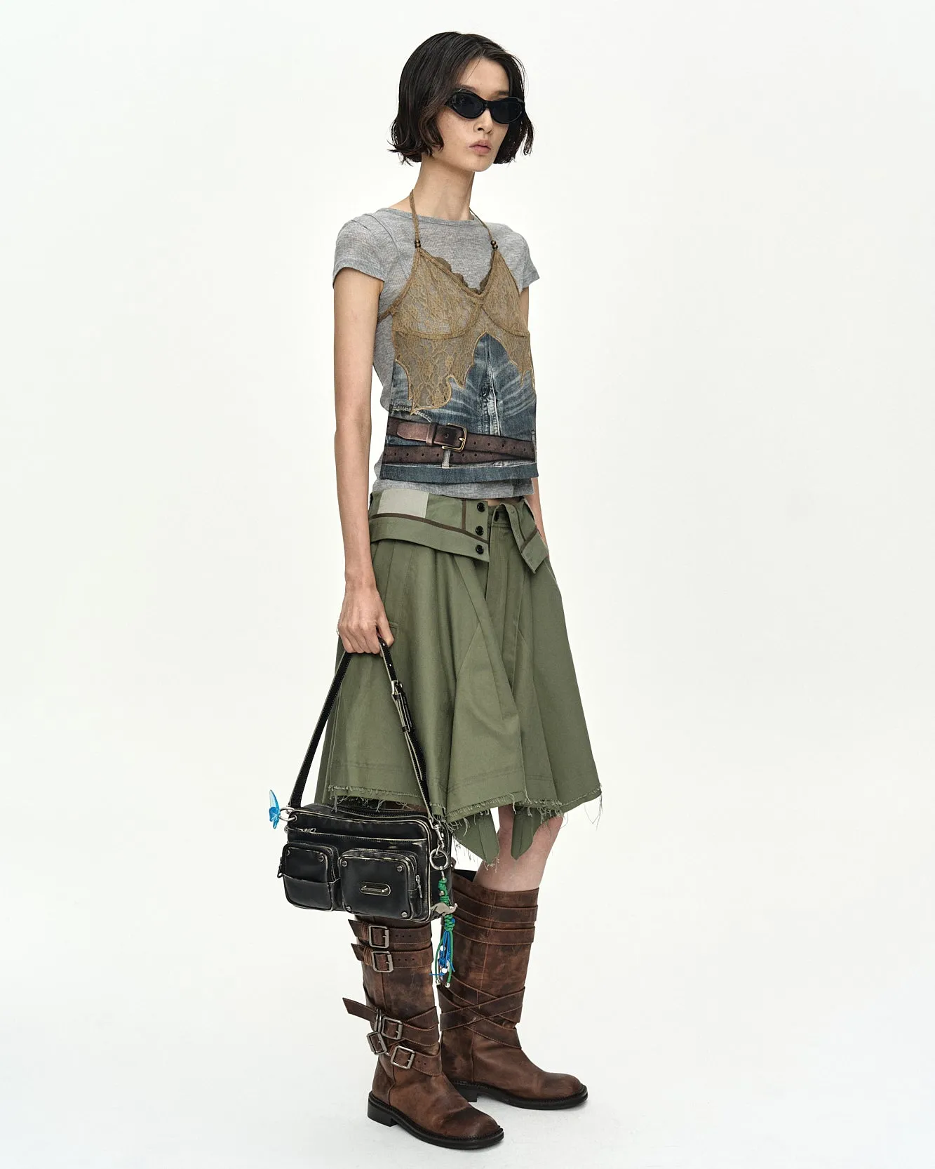 BELTED DENIM PRINTED LACE BUSTIER atb1563w(MID BLUE/KHAKI) sold by Andersson Bell product image thumbnail 4