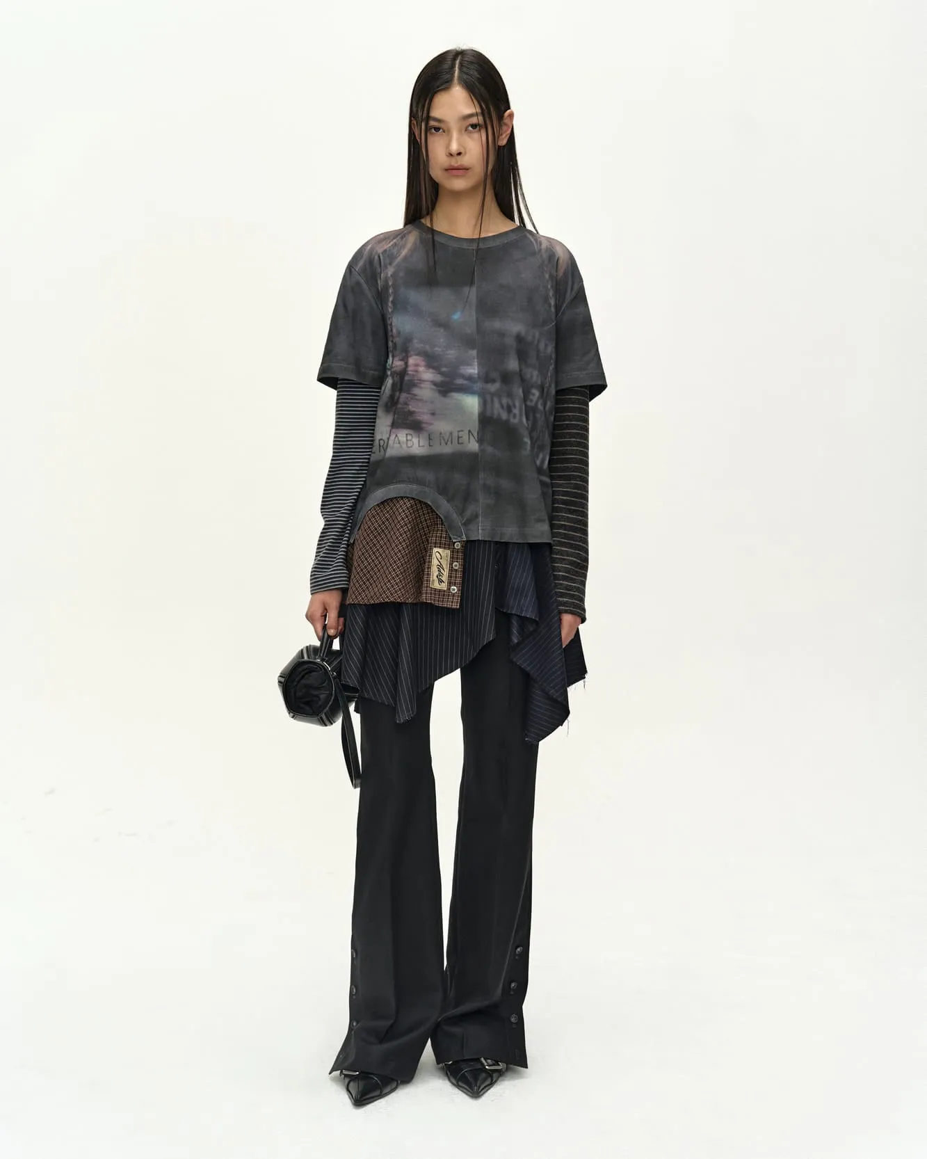 MIXED STRIPE SLEEVE LAYERED TOP (CHARCOAL) sold by Andersson Bell