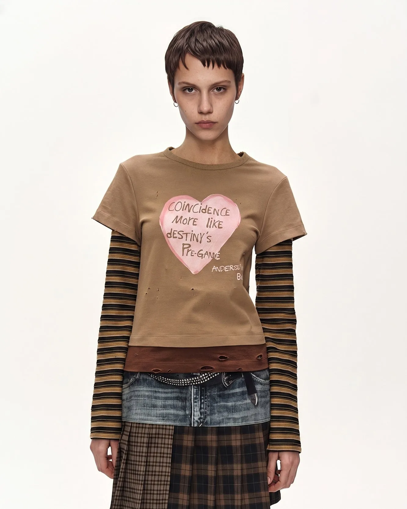 LAYERED HEART MESSAGE LONG SLEEVE T-SHIRT (BROWN) sold by Andersson Bell