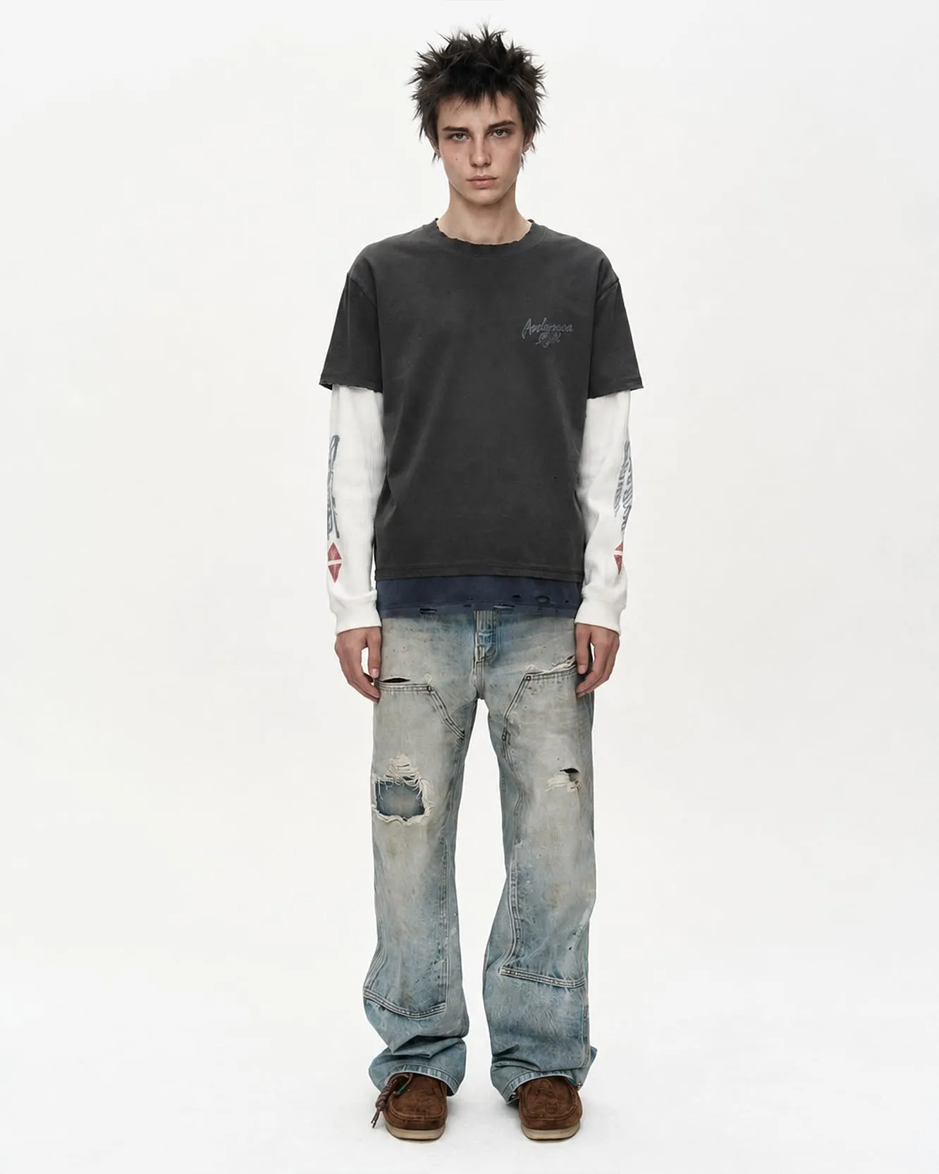 DISTRESS LAYERED LONG SLEEVE T-SHIRT (CHARCOAL) sold by Andersson Bell product image thumbnail 4