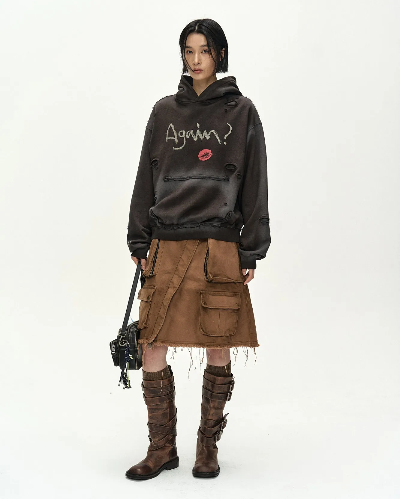 (ESSENTIAL) UNISEX SPRAY WASHED AGAIN LIP HOODIE (BROWN) sold by Andersson Bell product image thumbnail 3