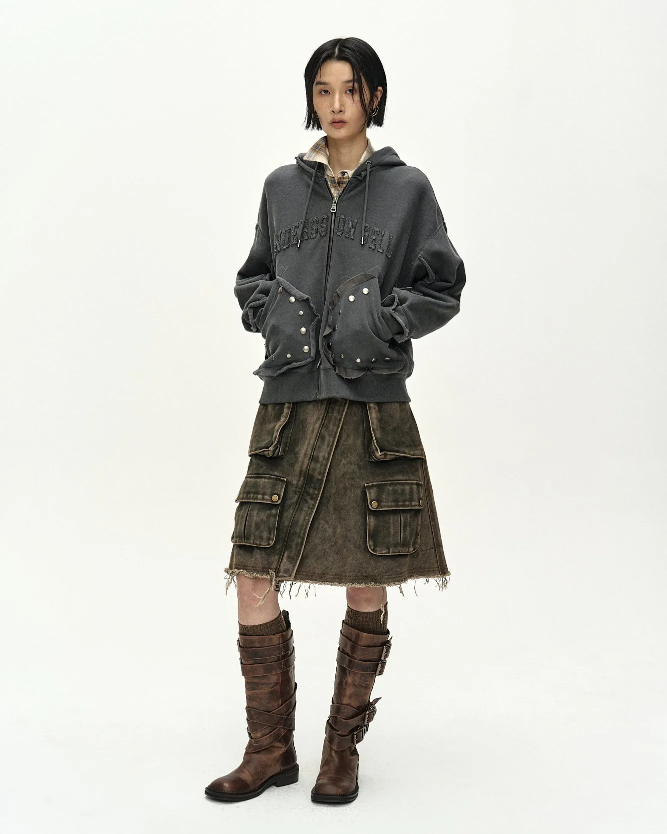 RAW-CUT STUDDED ZIP-UP HOODIE (CHARCOAL) sold by Andersson Bell product image thumbnail 4