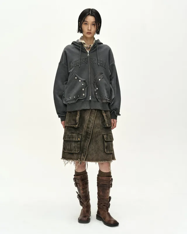 RAW-CUT STUDDED ZIP-UP HOODIE (CHARCOAL) made by Andersson Bell
