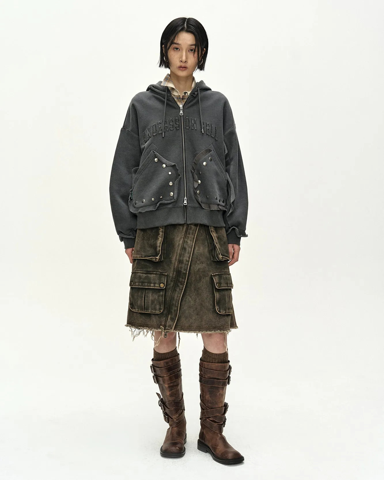 RAW-CUT STUDDED ZIP-UP HOODIE (CHARCOAL) sold by Andersson Bell