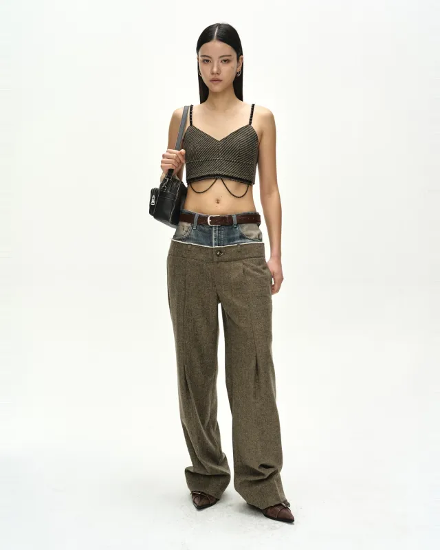 DENIM-WAIST HERRINGBONE TROUSERS (KHAKI BROWN) made by Andersson Bell