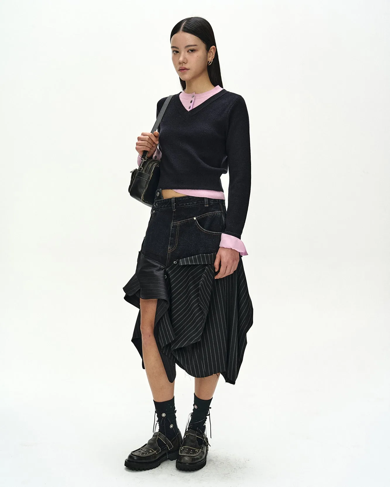 LAYERED SHIRT CUFF KNIT TOP (NAVY/PINK) sold by Andersson Bell