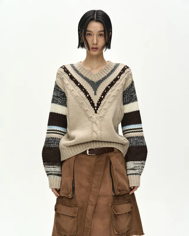 STUDDED CABLE V-NECK MULTI-STRIPE PULLOVER (ECRU) made by Andersson Bell