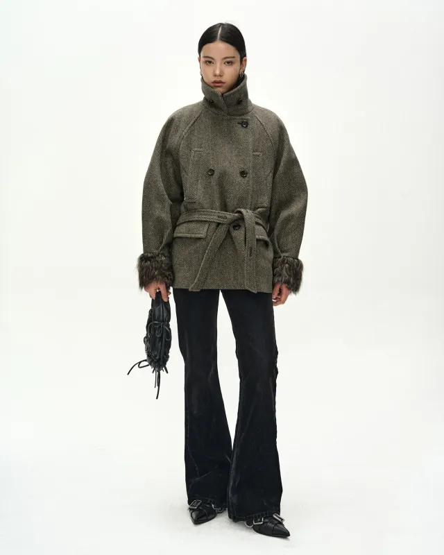 FUR CUFF HIGH NECK COAT (BROWN) made by Andersson Bell
