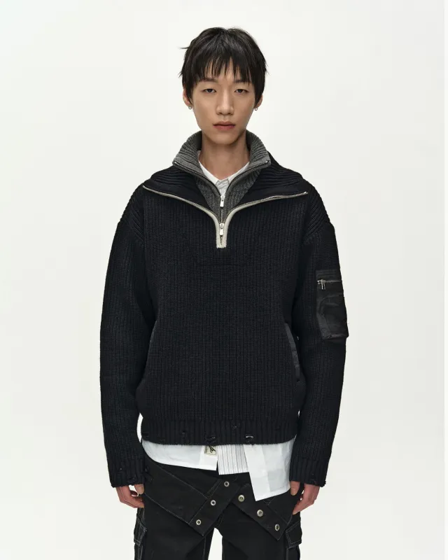 DOUBLE LAYERED QUARTER ZIP-UP SWEATER (BLACK/GREY) made by Andersson Bell