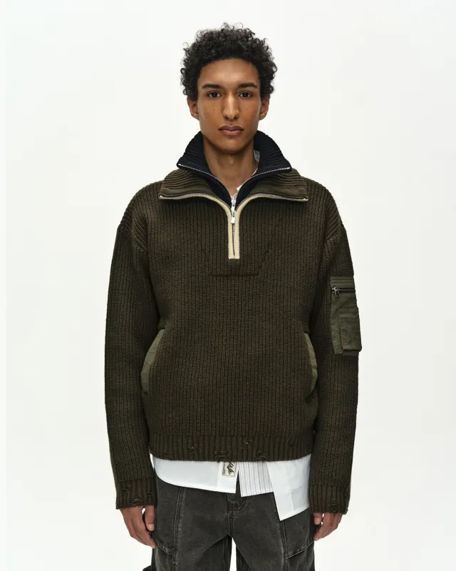DOUBLE LAYERED QUARTER ZIP-UP SWEATER (KHAKI/BLACK) made by Andersson Bell