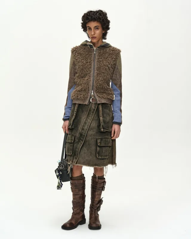 FUR COLOR-BLOCKED HOODED ZIP-UP (BROWN/BLUE) made by Andersson Bell