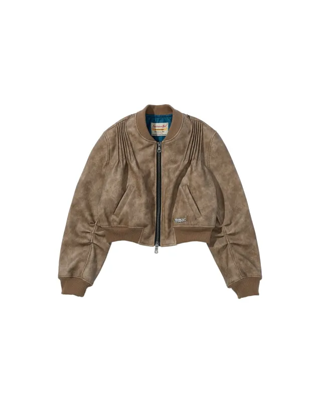 TANYA FAUX LEATHER PINTUCK BOMBER JACKET awa516w(BEIGE) sold by Andersson Bell