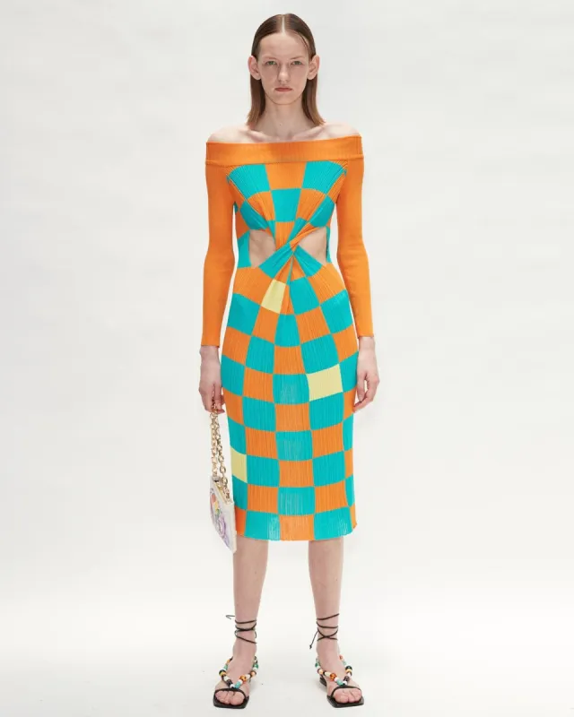 (WOMEN) MAYA CHECKER BOARD TWIST KNIT DRESS atb710w(ORANGE) made by Andersson Bell