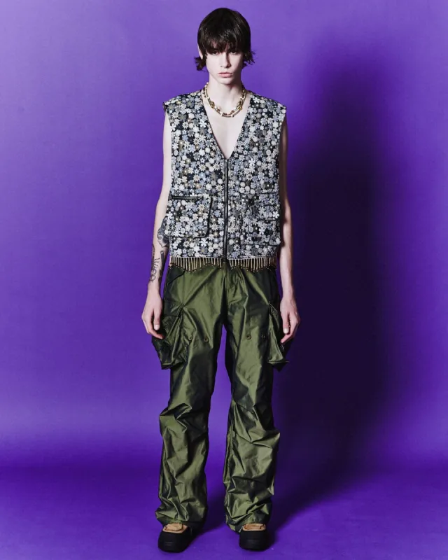 FLOWER V-NECK ZIP-UP VEST awa595m(BEIGE/BLACK) made by Andersson Bell