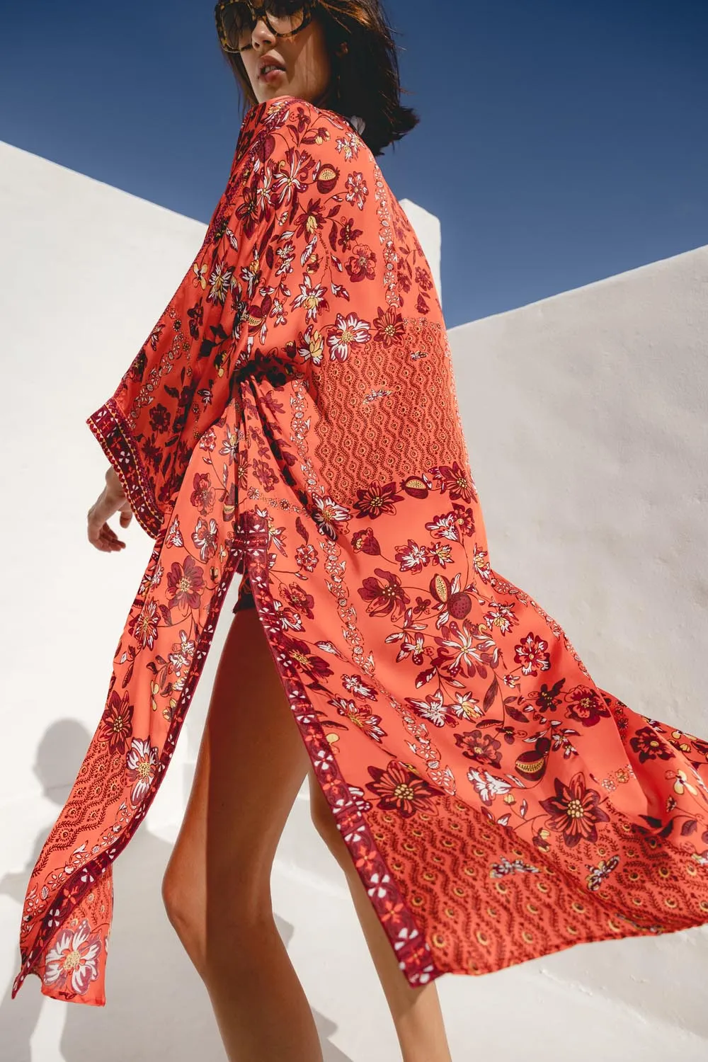 Long Kimono Erica - Red Botanique sold by Poupette St Barth