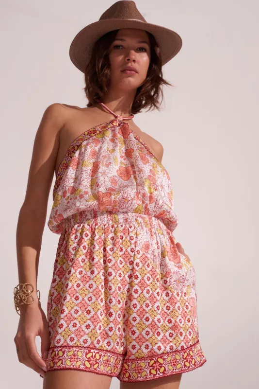 Short Jumpsuit Isabelle - White Pink Diagonal Batik sold by Poupette St Barth