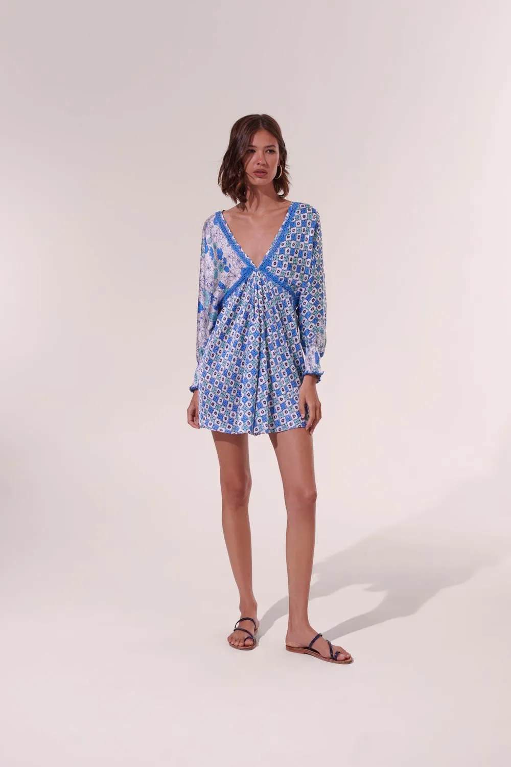 Mini Dress Allegra - White Green Diagonal Batik sold by Poupette St Barth product image thumbnail 3