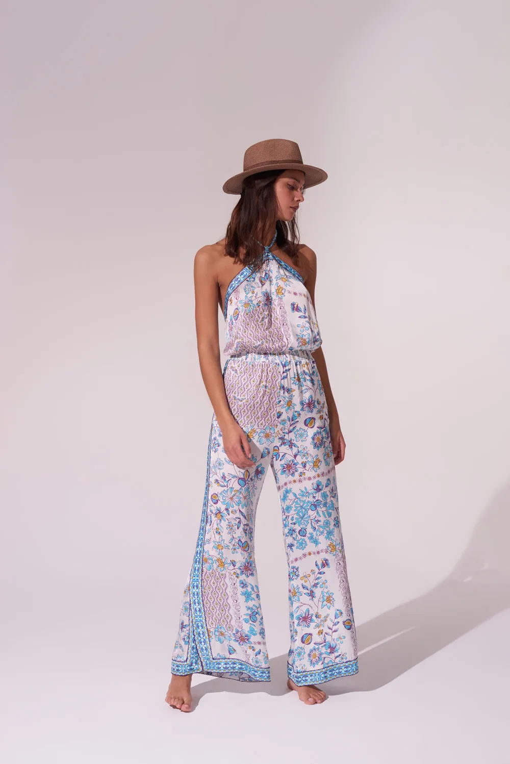 Long Jumpsuit Isabelle - White Blue Botanique sold by Poupette St Barth