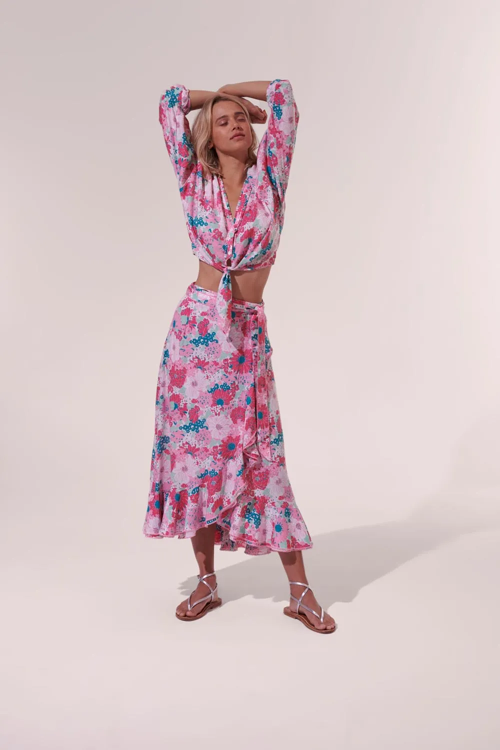 Long Skirt Aude - Pink Flower Mix sold by Poupette St Barth