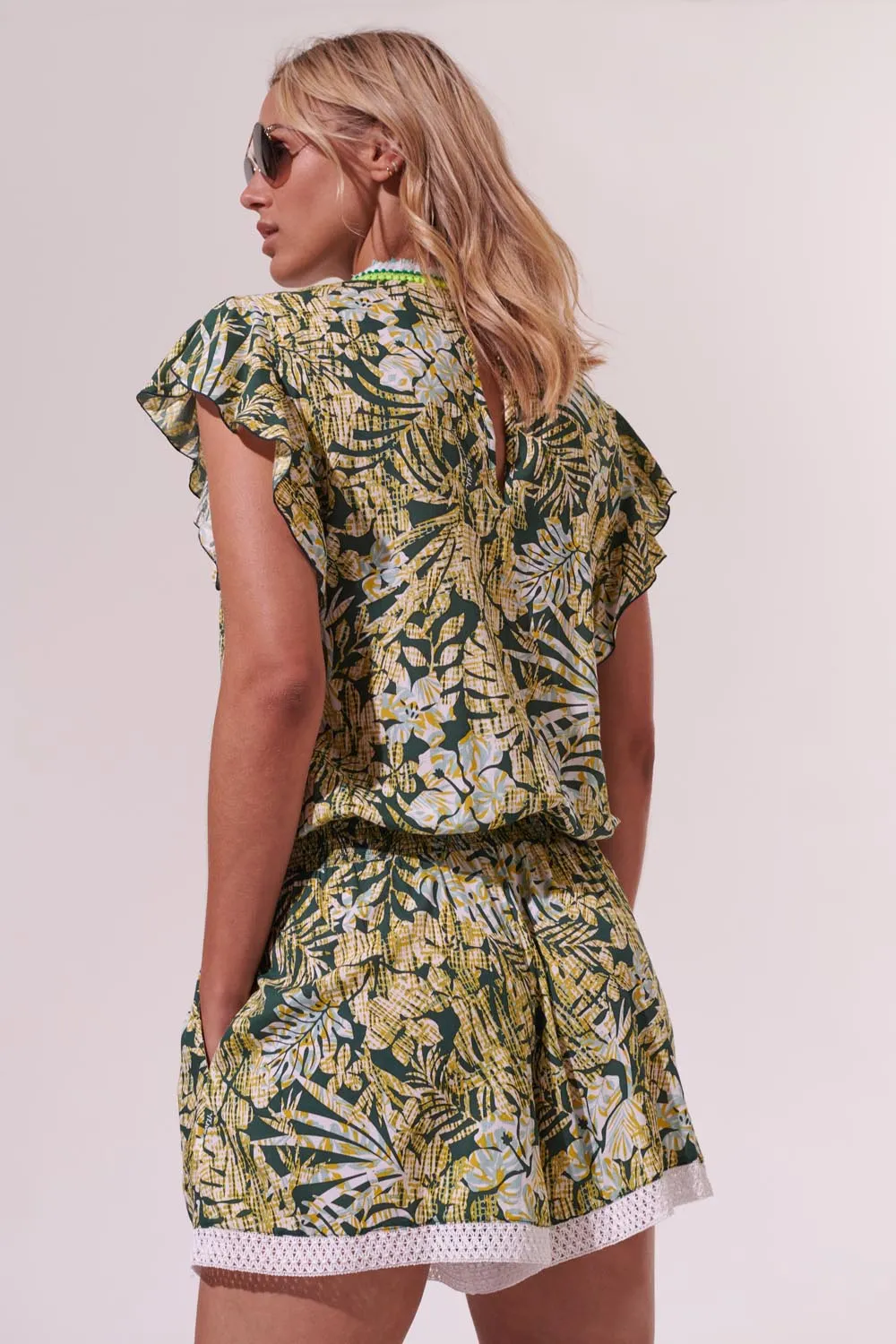 Short Jumpsuit Sasha - Green Tropical sold by Poupette St Barth product image thumbnail 2