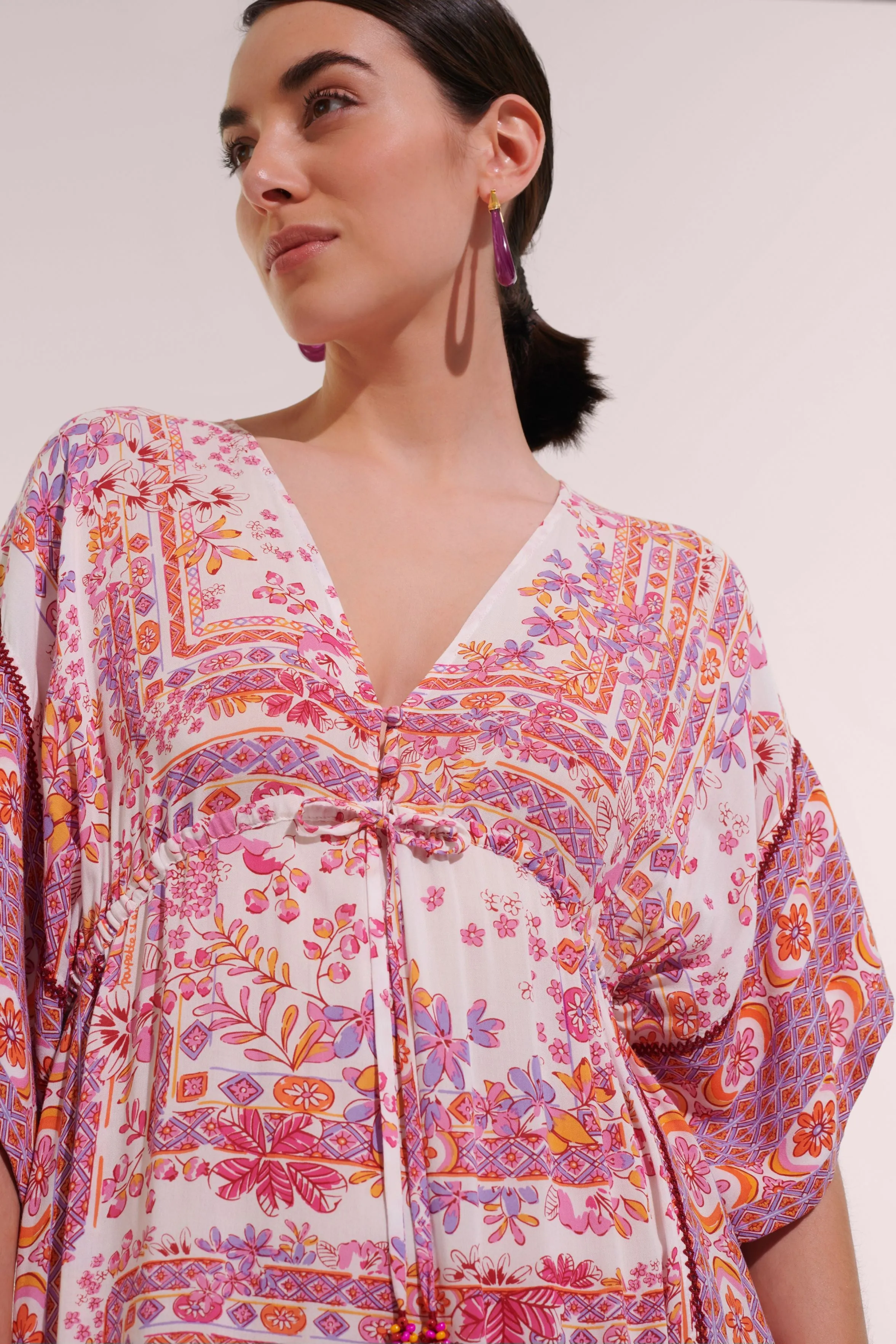 Long Kaftan Amaya - Pink Foulard sold by Poupette St Barth product image thumbnail 2