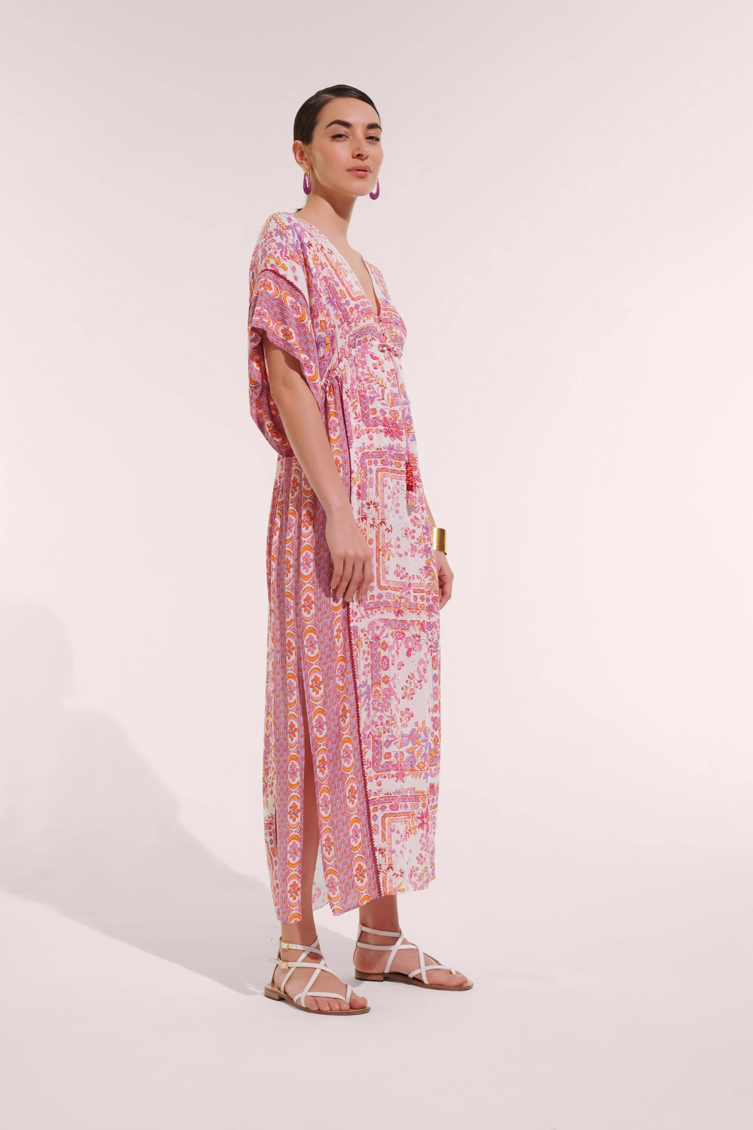 Long Kaftan Amaya - Pink Foulard sold by Poupette St Barth product image thumbnail 4