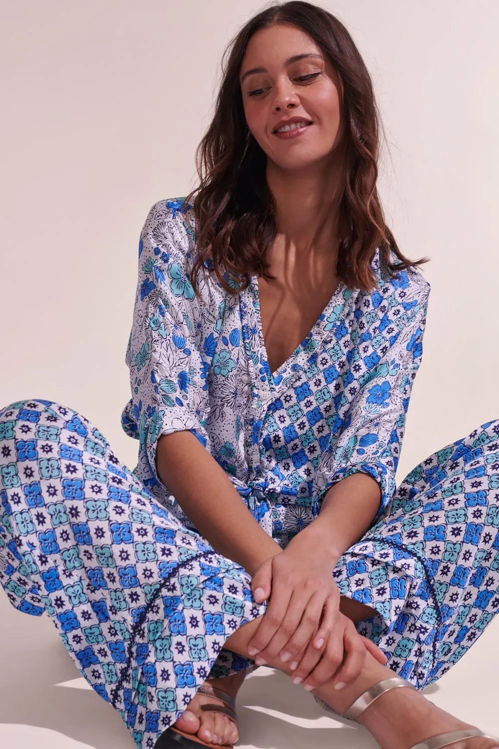 Pant Azia - White Green Diagonal Batik sold by Poupette St Barth