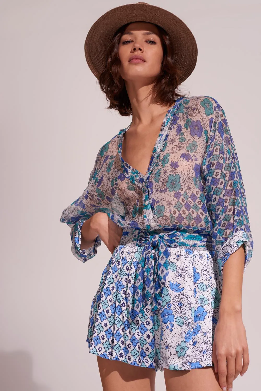 Short Jumpsuit Azia - White Green Diagonal Batik sold by Poupette St Barth