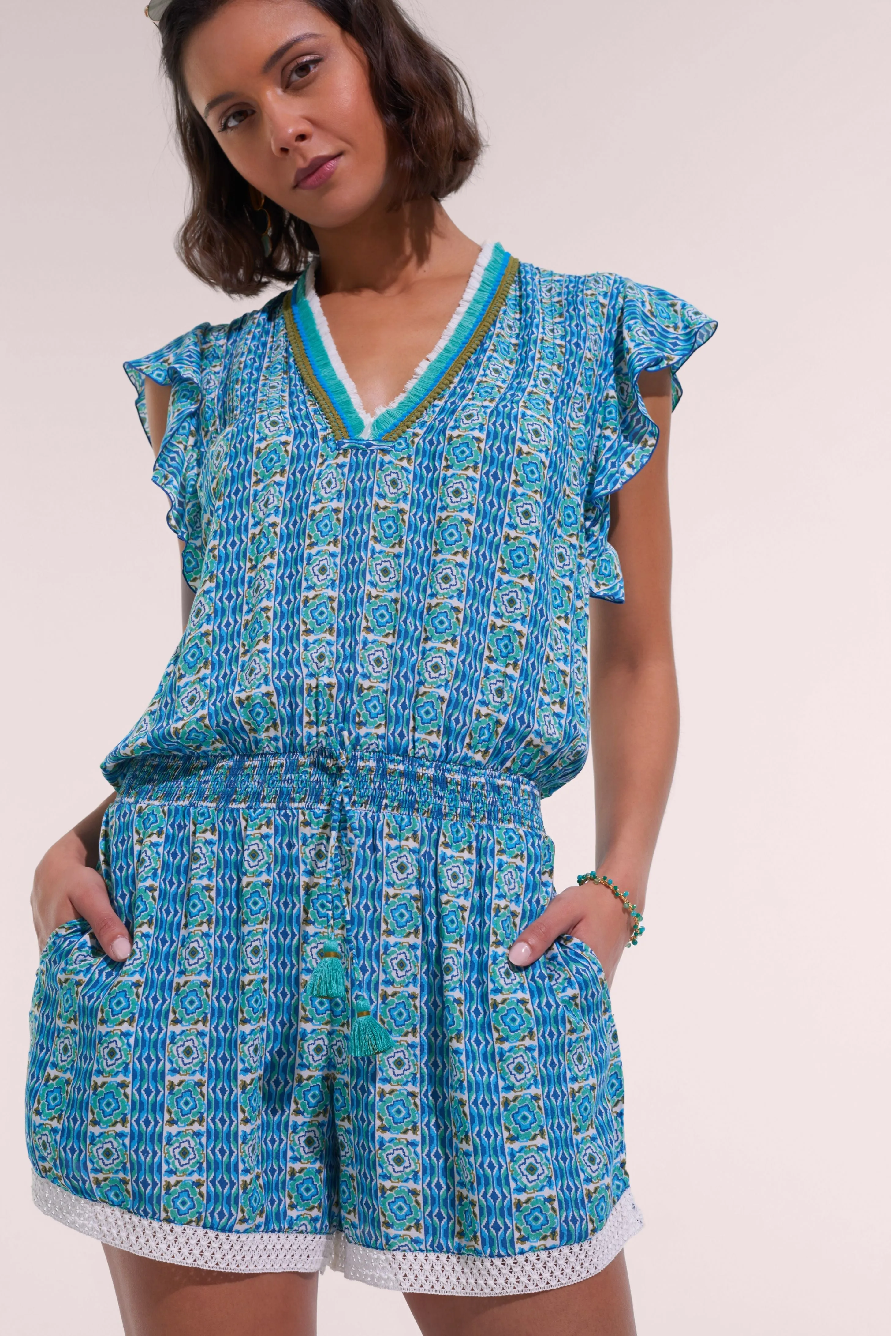 Short Jumpsuit Sasha - Aqua Coleus sold by Poupette St Barth product image thumbnail 2