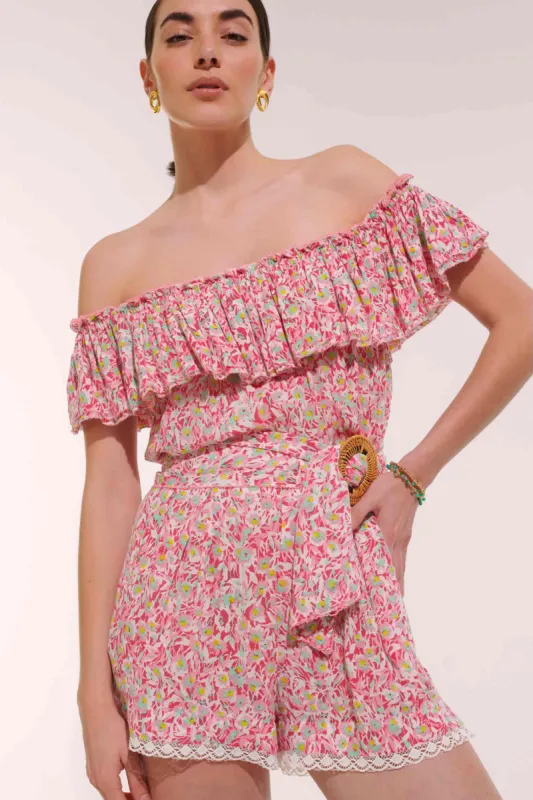 Short Jumpsuit Bella - Pink Ocean Flowers sold by Poupette St Barth