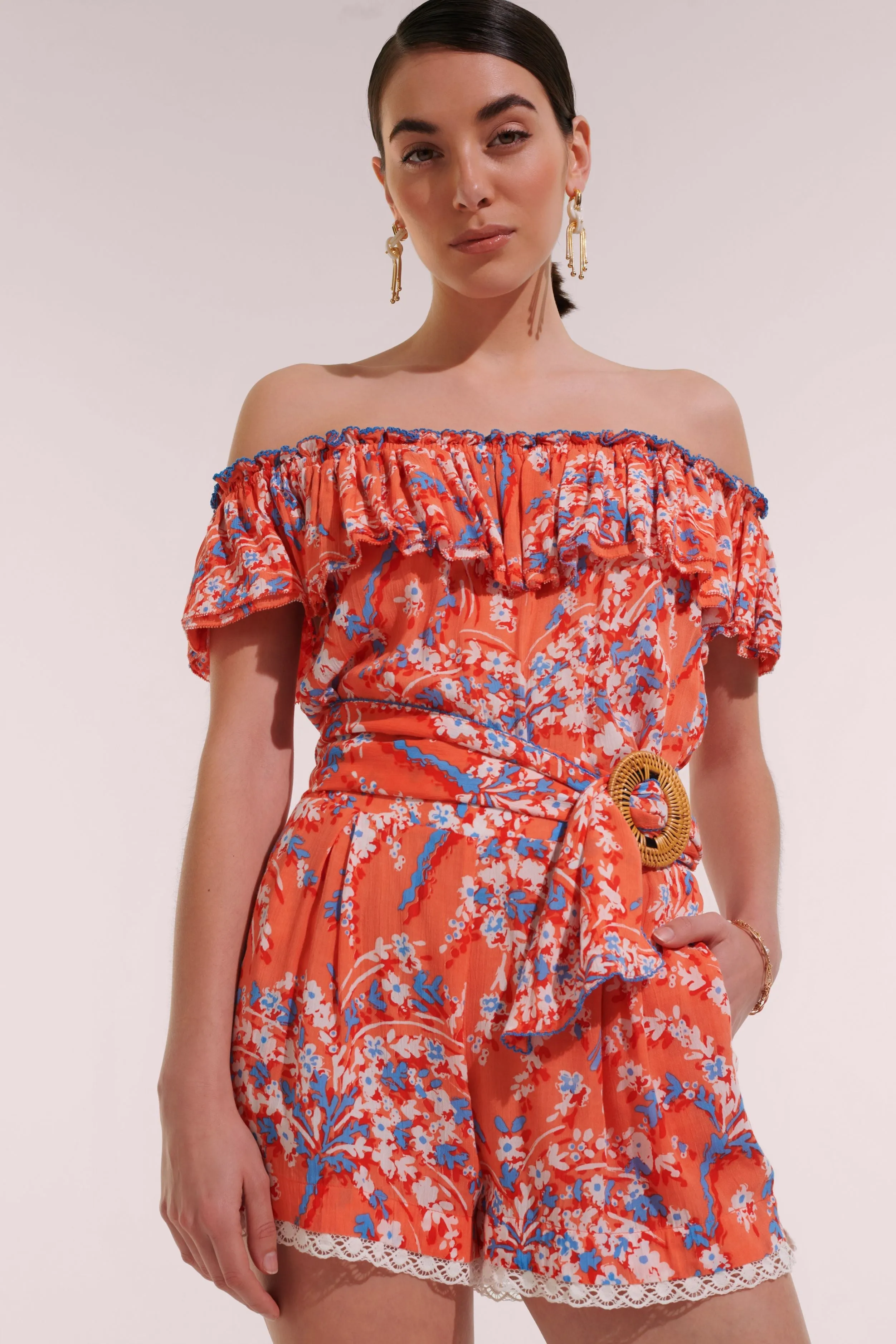 Short Jumpsuit Bella - Orange Palmery sold by Poupette St Barth