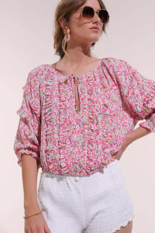 Blouse Amanda - Pink Ocean Flowers sold by Poupette St Barth