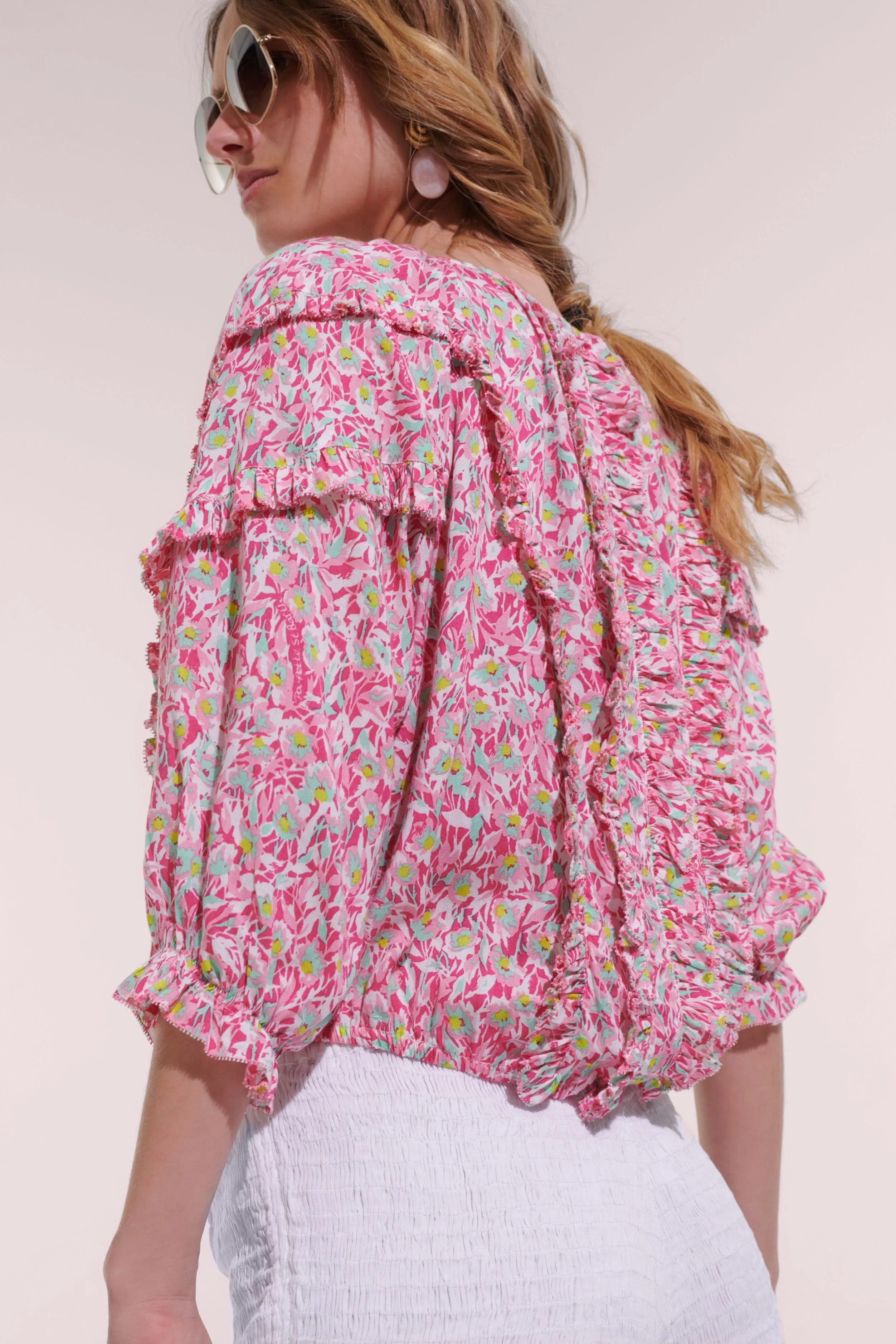 Blouse Amanda - Pink Ocean Flowers sold by Poupette St Barth product image thumbnail 2