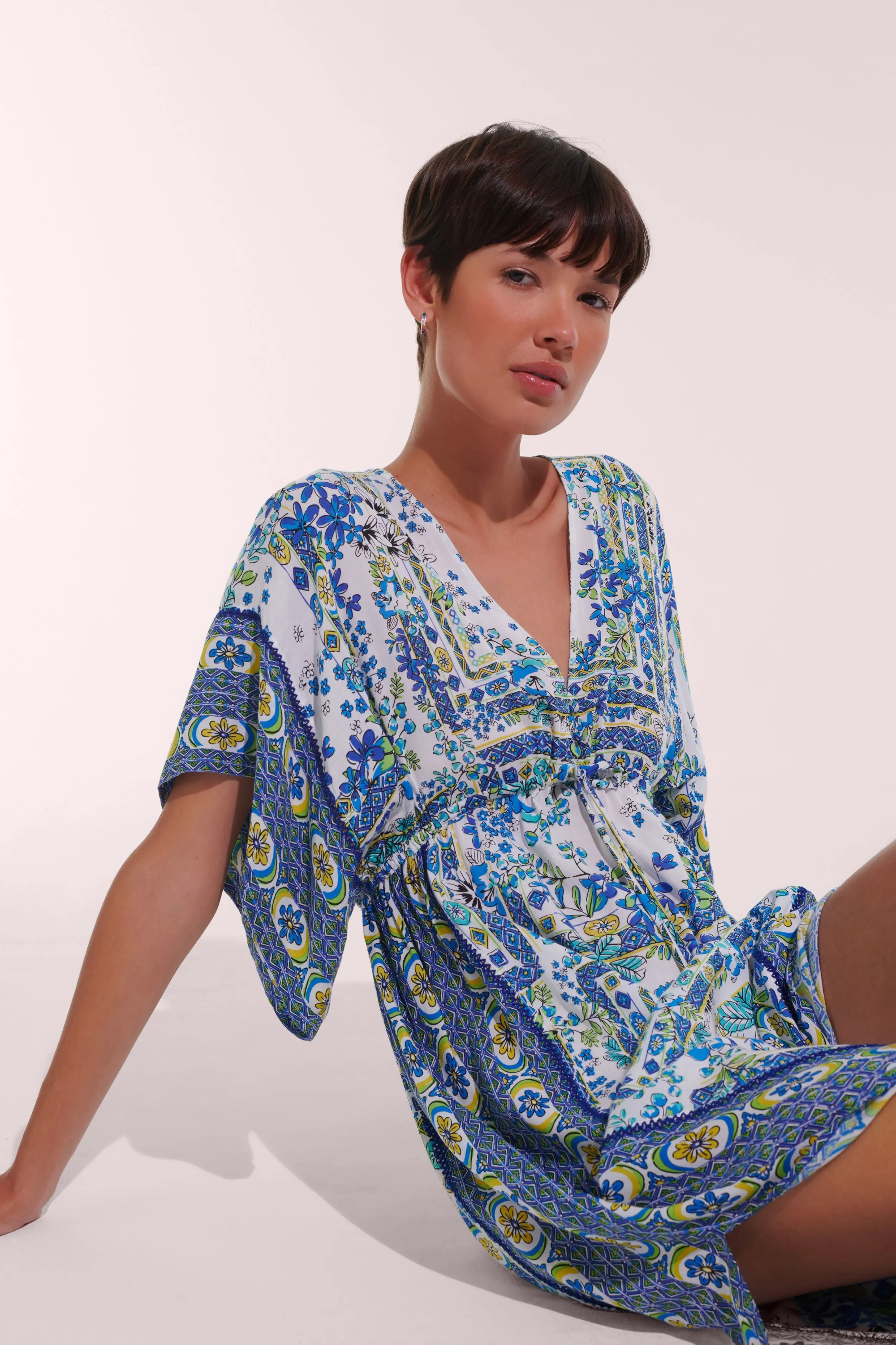 Long Kaftan Amaya - Blue Foulard sold by Poupette St Barth product image thumbnail 3