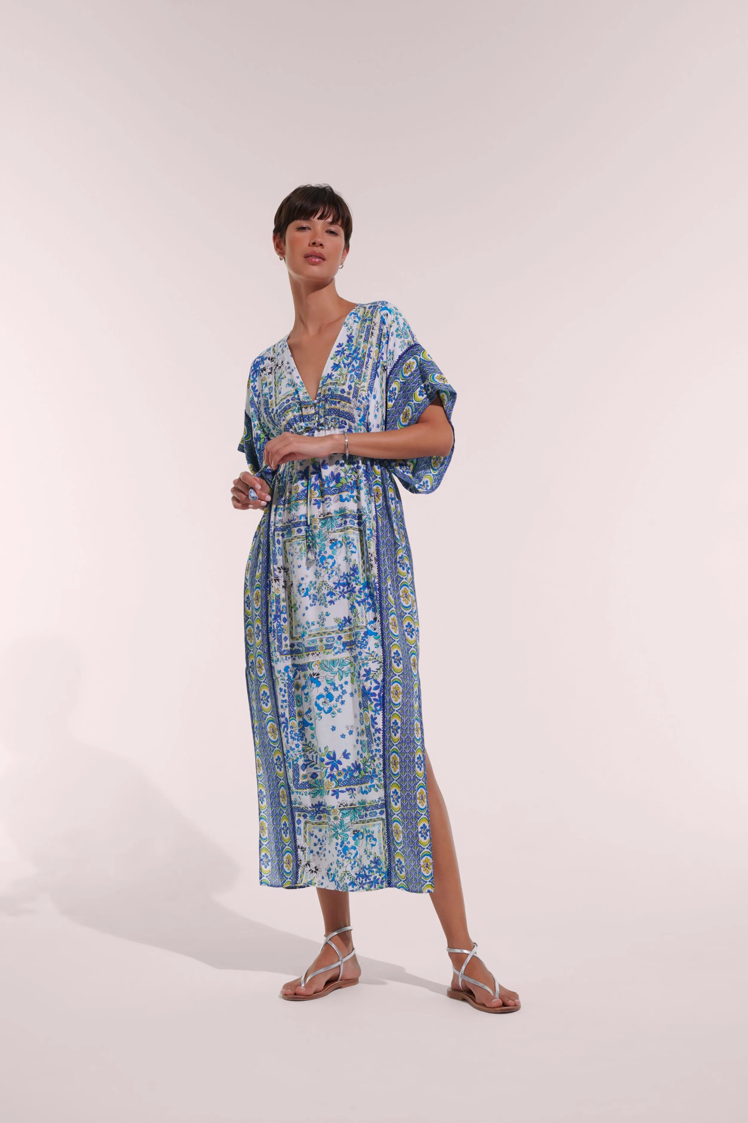Long Kaftan Amaya - Blue Foulard sold by Poupette St Barth