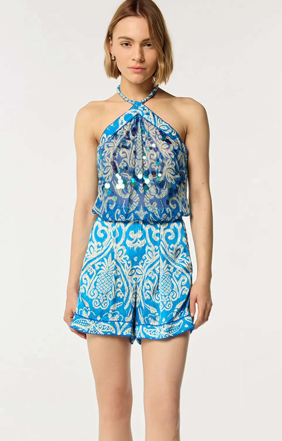 Top Isabelle - Turquoise Macro Ikat sold by Poupette St Barth