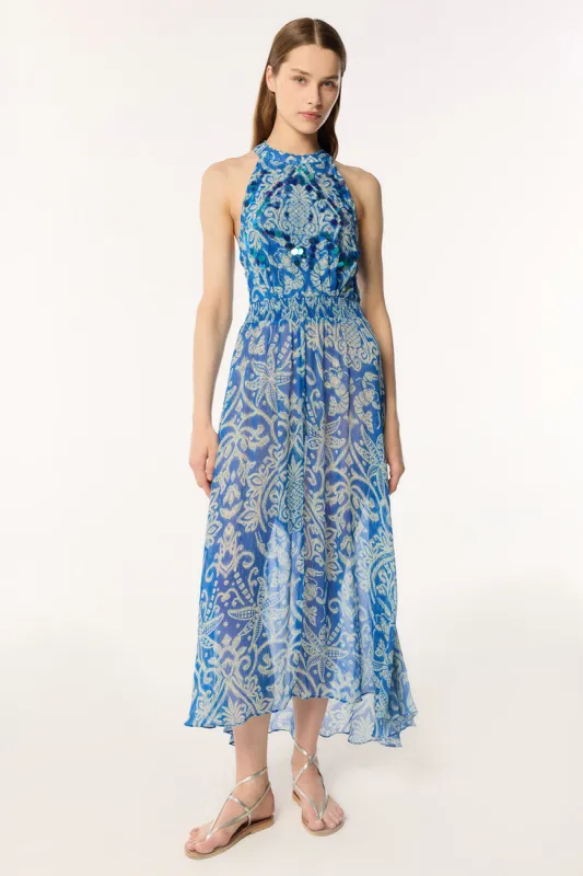 Long Dress Clea - Turquoise Macro Ikat made by Poupette St Barth