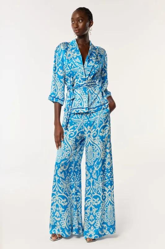 Pant Clea - Turquoise Macro Ikat sold by Poupette St Barth