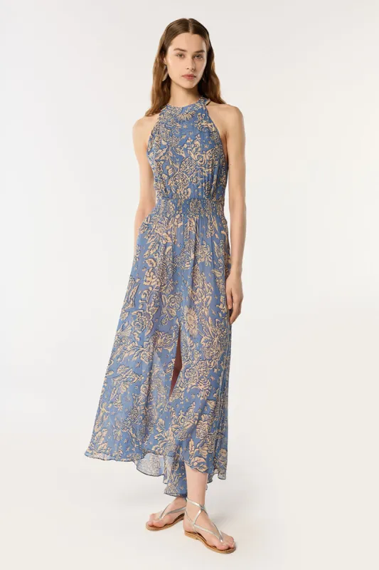 Long Dress Clea - Blue Oriental Foulard sold by Poupette St Barth