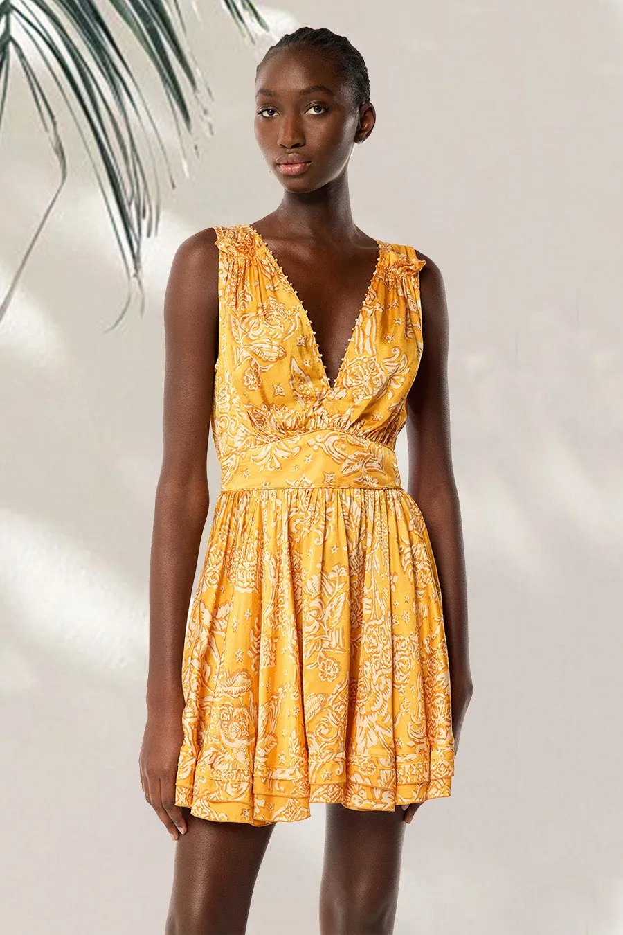 Mini Dress Bessie - Yellow Oriental Foulard sold by Poupette St Barth