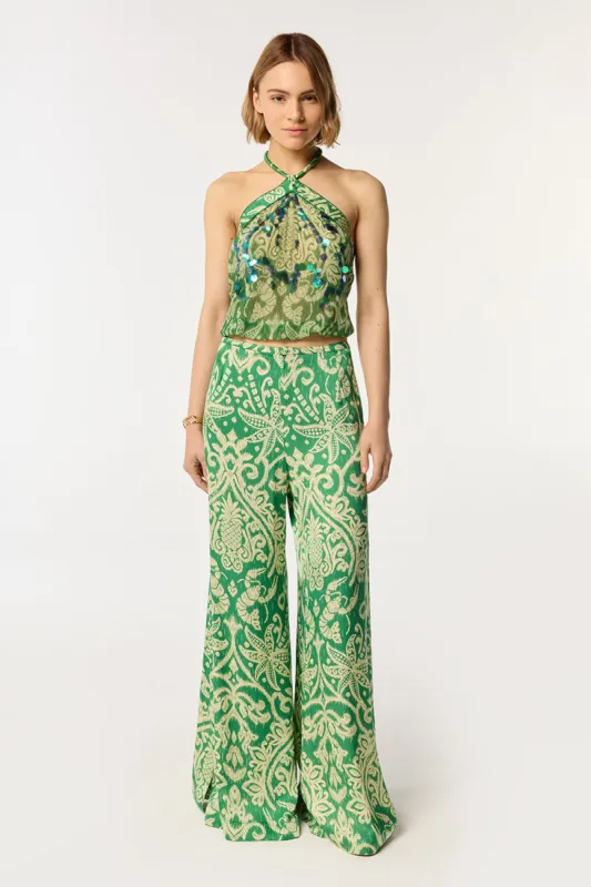 Pant Clea - Green Macro Ikat sold by Poupette St Barth