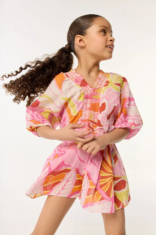 Short Jumpsuit Chantal for girls - Pink Macro Lilium sold by Poupette St Barth