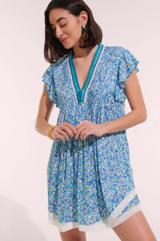 Mini Dress Sasha - Blue Ocean Flowers sold by Poupette St Barth