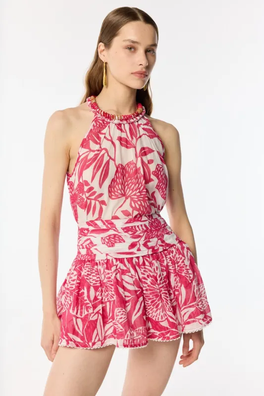 Mini Skirt Colleen - White Pink Macro Stelis sold by Poupette St Barth