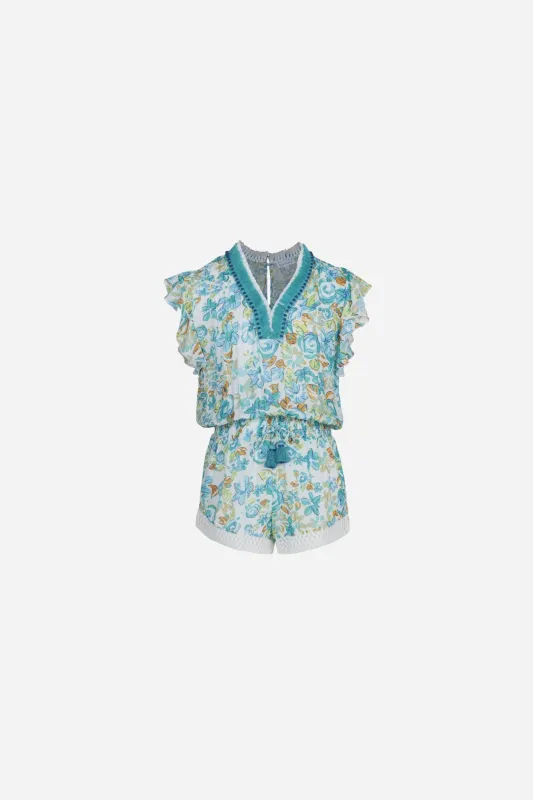 Short Jumpsuit Sasha for girls - Mint Garden Rose sold by Poupette St Barth