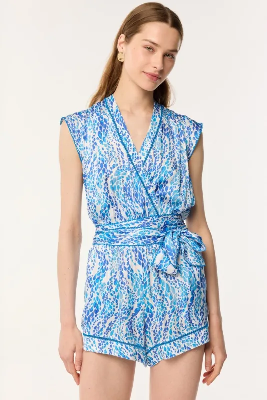 Short Jumpsuit Anaik - Blue Wavy Animalier sold by Poupette St Barth