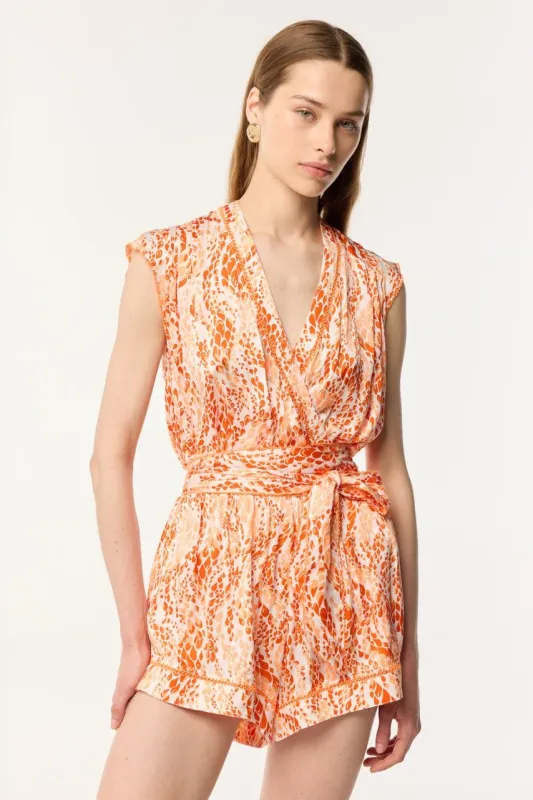 Short Jumpsuit Anaik - Orange Wavy Animalier sold by Poupette St Barth