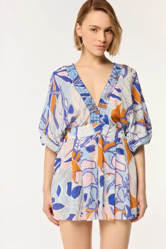 Short Jumpsuit Chantal - Blue Macro Lilium sold by Poupette St Barth